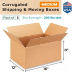 Medium Shipping & Moving Boxes 16 x 12 x 8 inches (5-Pack) - Extra Strength 200 lb vs Regular - Corrugated Packing Boxes for Moving - Cardboard Box for USPS, FedEx - Packing Box by IDL Packaging