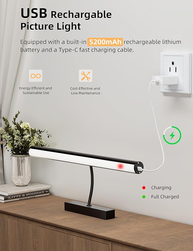 VOLISUN 16 inch Picture Lights for Wall, Rechargable Picture Light Battery Operated, 3 Color Temperatures Cordless Picture Light with Remote, Art Light for Paintings, Gallery, Portrait, 2 Pack (Black)