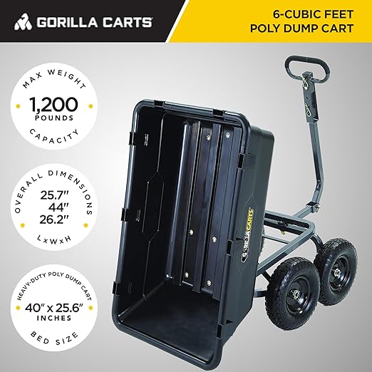 Gorilla Carts Heavy-Duty Poly Yard Dump Cart, 6 Cu Ft Tub, 1200 lb Haul Capacity, Black – Towable Utility Wagon with Quick-Release Dumping & Pneumatic Tires for Landscaping and Gardening
