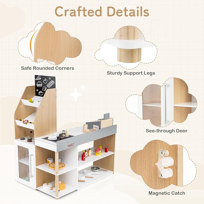 HONEY JOY Kids Grocery Store Playset, Wooden Grocery Store Pretend Play w/Cart, Cash Register Stand w/Coins, Chalkboard, Toddler Supermarket Play Toy for Boys Girls(Play Food Not Included)
