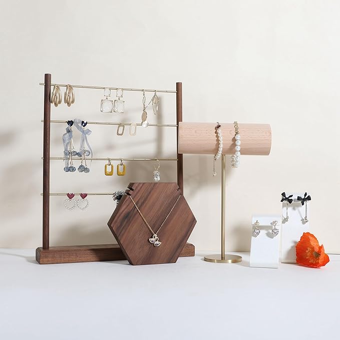 GemeShou Wood Bracelet Display Holder, White Jewelry watch organizer for selling, Retail Bangle Rack T Bar Stand Photo props【Beech Brass Bracelet Holder-High】