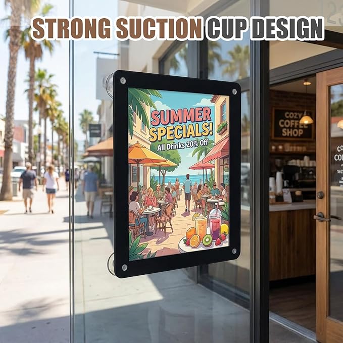 Thyle 2 Pack 8.5 x 11 Acrylic Window Sign Holder with Suction Cups and Black Frame, Clear Acrylic Frames Glass Door Wall Mount Advertising Signage Sign Holder for Mall, Office, Home, Store, Restaurant