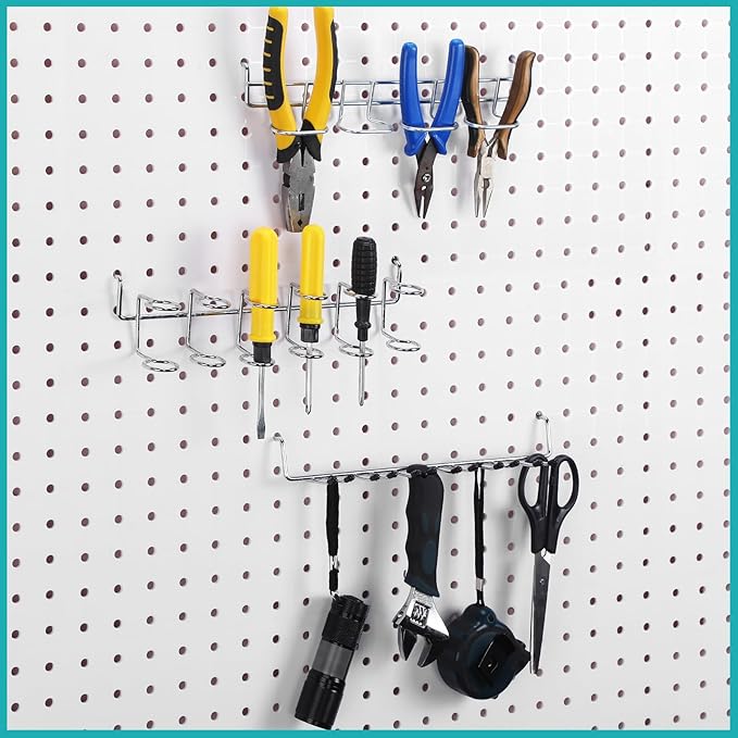 Coume 6 Pcs Pegboard Screwdriver Holders Organizer Pegboard Plier Holders Stainless Steel Peg Board Tool Utility Hooks Accessories Shelving Display Multi-Ring Tool Racks for Shop Store(Silver)