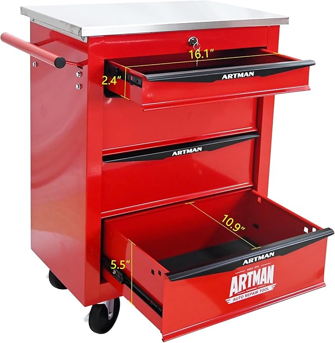 4-Drawer Heavy-Duty Rolling Tool Chest with Wheels & Steel Roof, Lockable Tool Chest Storage Cabinet for Garage, Workshop, Warehouse, and Repair Shop