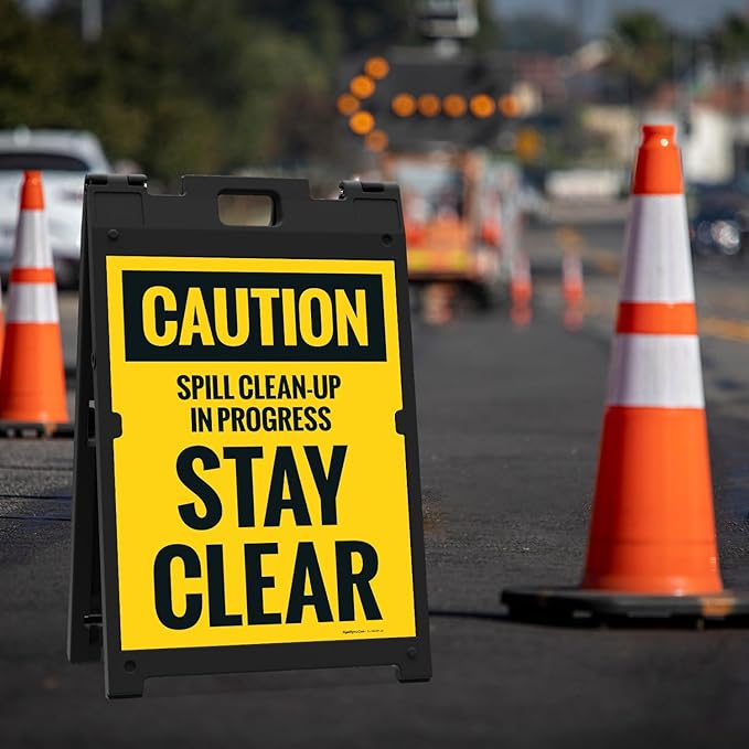 Caution Spill Cleanup in Progress Stay Clear Sidewalk Sign Kit, 18x24 Inches, with A Frame Stand, Made in USA