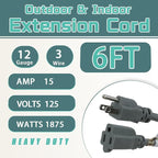 6 Ft Outdoor Extension Cord - 12/3 SJTW Heavy Duty Grey Extension Cable with 3 Prong Grounded Plug - Power Cord for Lawn, Garden, Appliances
