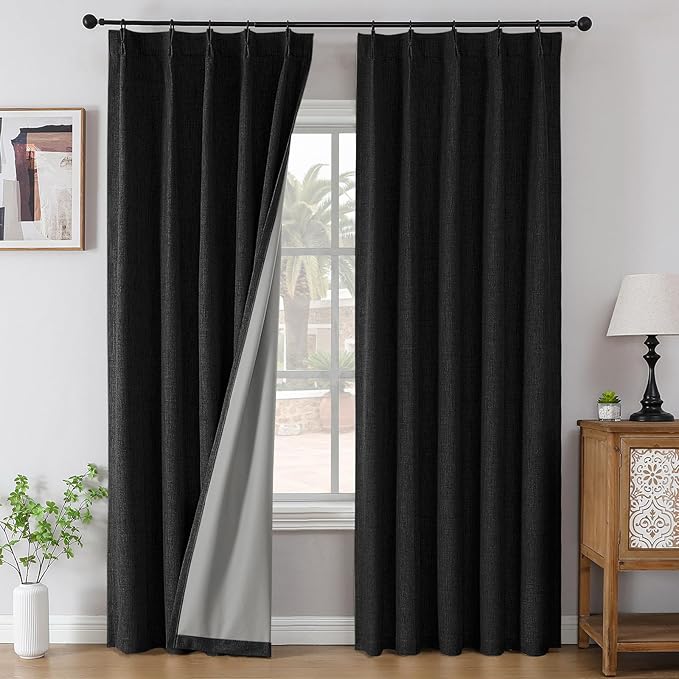 Joydeco Pinch Pleated Curtains - 100% Blackout for Bedroom, Black Linen Curtains 40" W x 84" L, Thermal Insulated 2 Panels Light Blocking Drapes, Back Tabs for Living Room