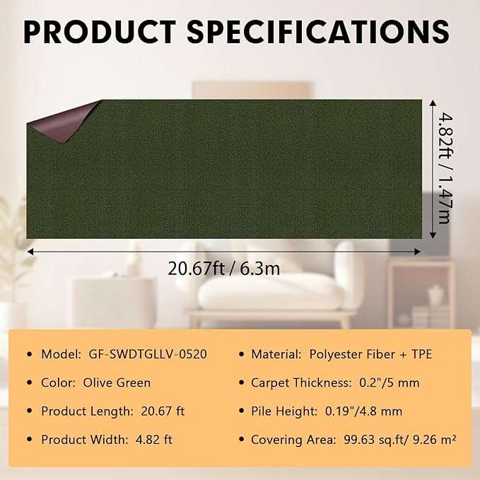 Marine Carpet,5 FT x 20 FT Olive Green Indoor Outdoor Carpet 0.2" Thick with Water-Proof TPE Backing, Non-Slide for Home, Patio, Porch, Deck