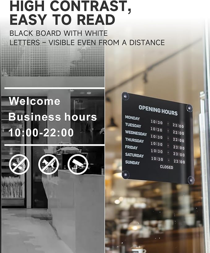 Metal Business Hours Sign with Suction Cups - Magnetic Open Closed Display Board for Storefront Window, Glass Door, Tile Wall & Counter - Changeable, Reusable & Rust-Resistant Steel Kit