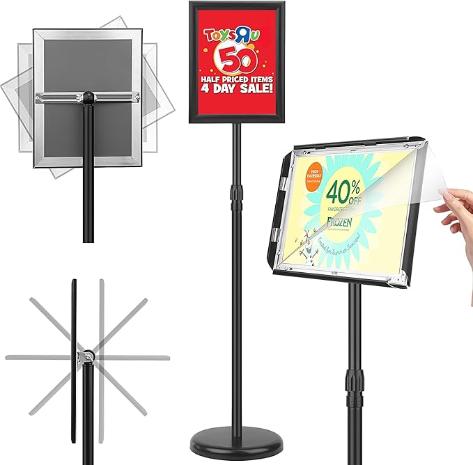 Adjustable Sign Holder Stand 8.5x11 inch,Pedestal Floor Signage Standing Holder with Heavy Duty Base, Aluminum Snap Open Frame Display for Business Restaurant, Mall,Schools-2 Pack