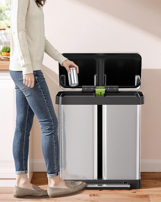 Arlopu 16 Gallon Dual Trash Can, 60L(2x30L) Stainless Steel Kitchen Garbage Can, Step-on Classified Recycle Garbage Bin with Removable Inner Buckets, for Kitchen, Living Room, Office (Silver)