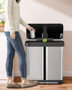 Arlopu 16 Gallon Dual Trash Can, 60L(2x30L) Stainless Steel Kitchen Garbage Can, Step-on Classified Recycle Garbage Bin with Removable Inner Buckets, for Kitchen, Living Room, Office (Silver)