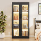 Curio Cabinet with Glass Doors, Bookcase with 4 Shelves, Display Cabinets for Collectibles, China Cabinet with 3 Color LED Lights and Human Body Sensing, Buffer Hinge, Black