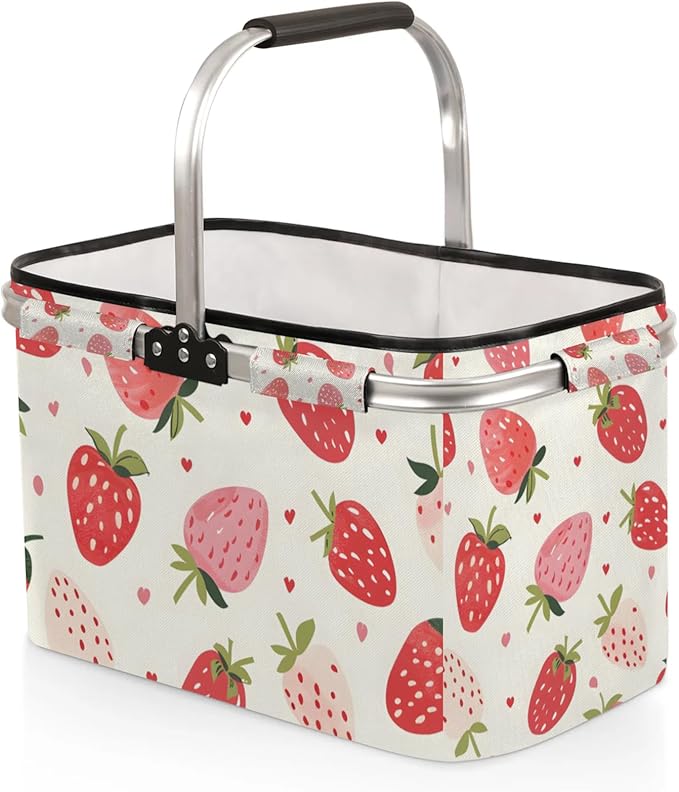 Collapsible Picnic Basket with Handle, Shopping Basket Aluminum Frame, Grocery Basket Tote for Women, Farmers Market Basket, Harvest Baskets Camping Travel Portable Beach Bag (White Strawberries)
