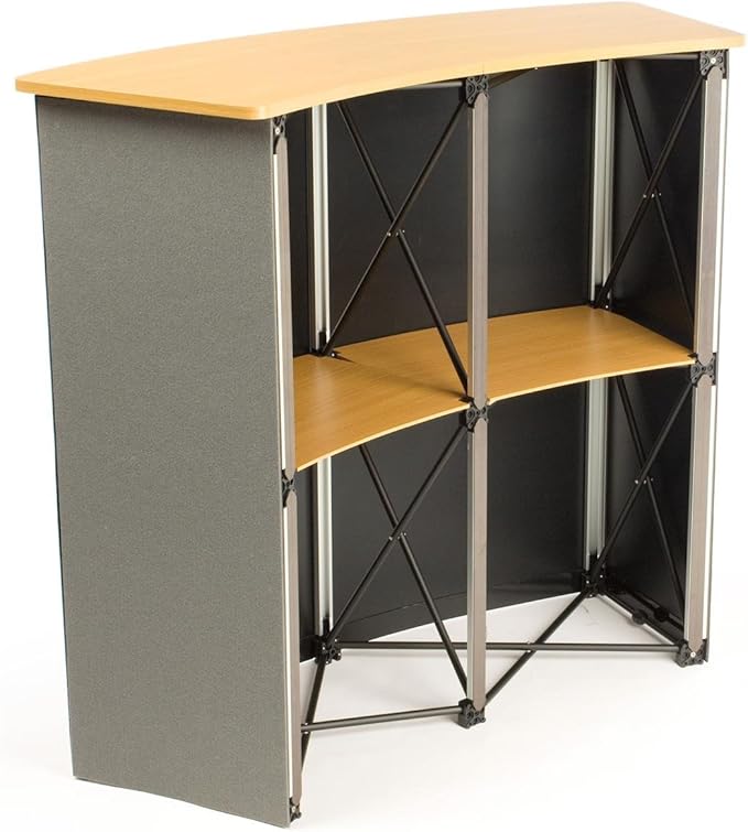 Portable Trade Show Counter, Sets Up in Minutes, Includes Gray Hook & Loop-Receptive Fabric Front and MDF Countertop with Natural Wood Finish – Stands 37-1/2” Tall