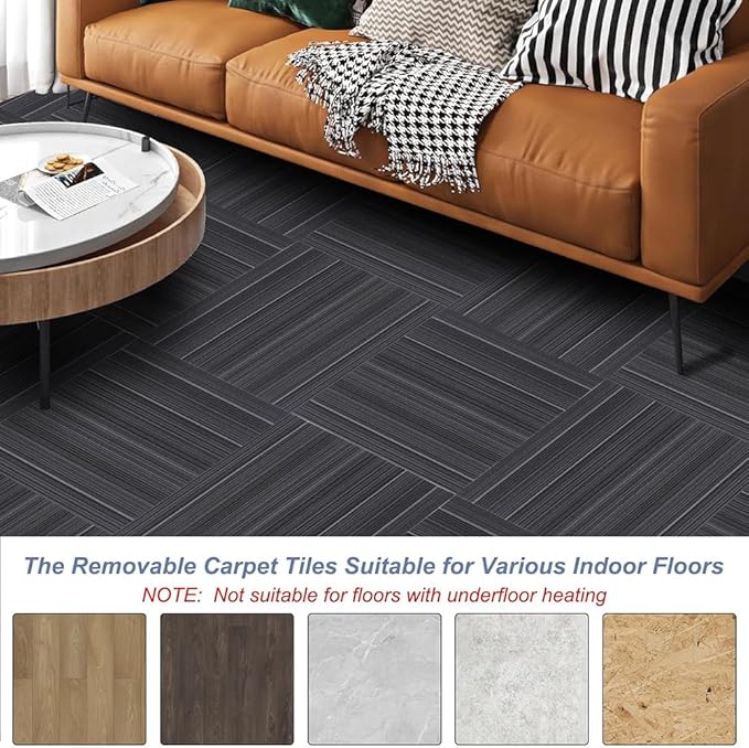ALTRUISTIC Heavy Duty Commercial Carpet Tiles 24" x 24", 18 Pcs/72 sq ft (FlexLok tabs Included),Non-Slip Soft Square Carpet Floor Tile for Office Bedroom Living Room Kitchen Garage Gym (Black)