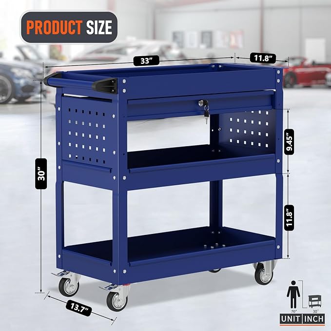 3 Tier Rolling Tool Cart, Heavy Duty Service Cart on Wheels for Mechanics,400 LBS Utility Cart with Drawers for Garage, Warehouse & Repair Shop (DARKBLUE)