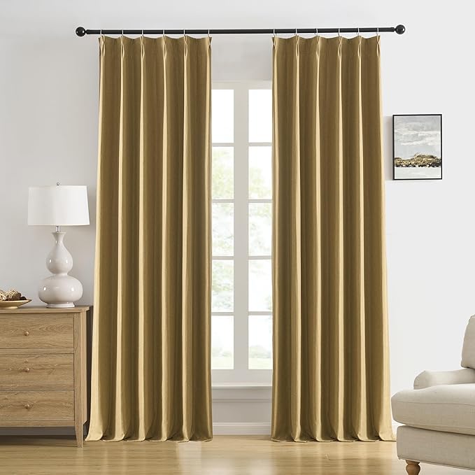 DUALIFE Gold Tan Pinch Pleated Blackout Curtains 108 Inches Long, Back Tab with Hooks, Linen Full Black Out Thermal Insulated Track Curtain for Bedroom Living Room,40 W x 108 L, 2 Panels