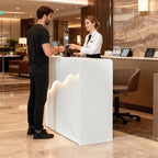 Reception Desk with Counter LED Light, Modern Front Desk with Lockable Drawer, White Retail Checkout Counter for Clothing Store Lobby Beauty Salon (White, 37.8x31.5x15.7in)