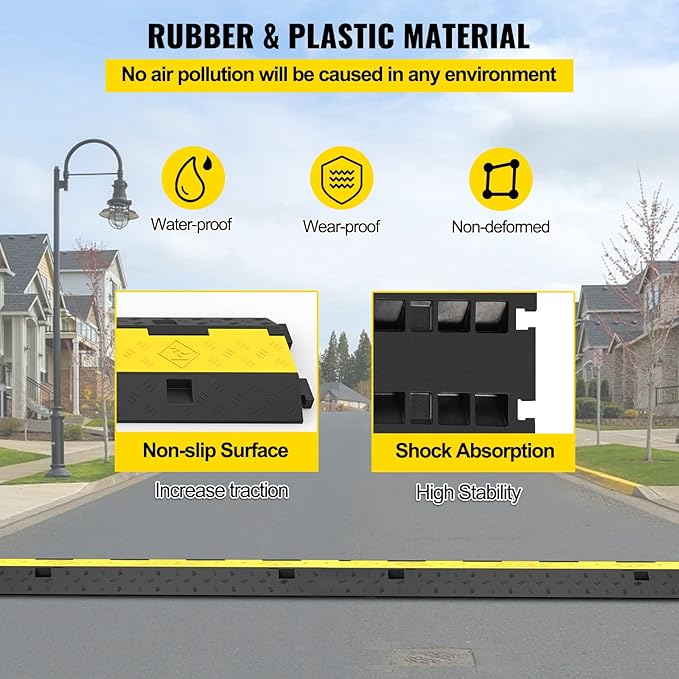 VEVOR 3 PCs Rubber Cable Protector Ramp, 2 Channel, 11000 lbs/axle Capacity Heavy Duty Hose Wire Cover Ramp Driveway, Traffic Speed Bump w/Flip-Open Top Cover, for Indoor&Outdoor