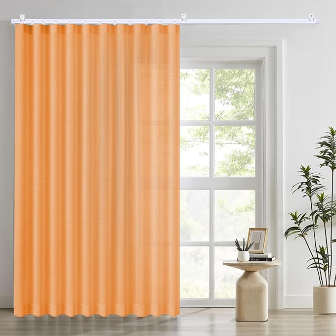 Faux Linen Semi Sheer Extra Wide Room Divider Curtain with Flexible Curtain Track, Light Filtering Privacy Drapes for Window Sliding Glass Door, Living Room Bedroom, Sunset Orange,100"W x 96"L,1 panel