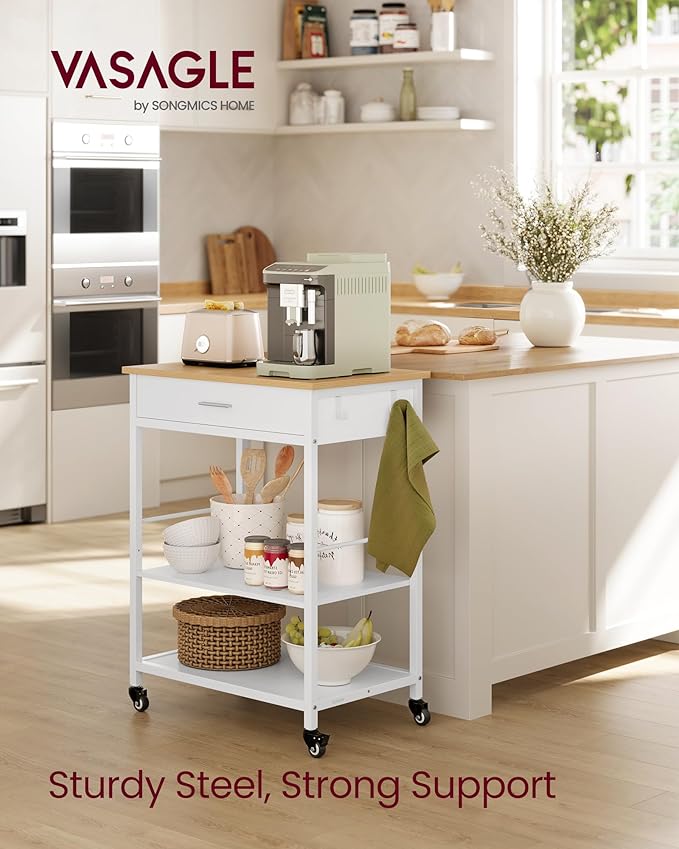 VASAGLE Kitchen Rolling Island, Mobile Kitchen Cart with Storage on Wheels, 17.7 x 23.6 x 35.4 Inches, Drawer, 2 Hooks, for Dining Room, Oak Beige and Matte White UKKI007Y01