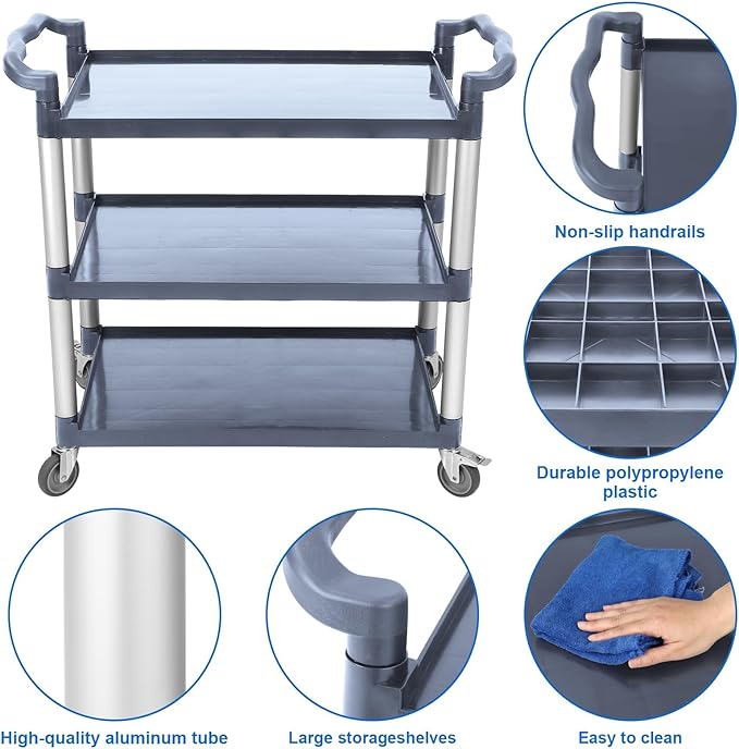 3-Tier Heavy Duty Rolling Cart with 360° Lockable Wheels, 120lbs Per Shelf Storage Utility Cart for Kitchen, Restaurant，and Office Use, Multifunctional Storage,Grey