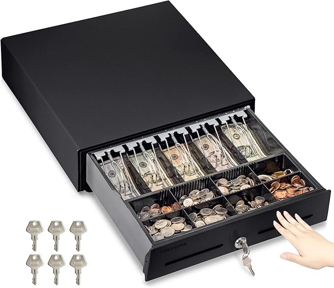 Volcora 16" Push Open Cash Register Drawer for Point of Sale (POS) System, Partial Removable Black Heavy Duty Till with 5 Bills/8 Coin Slots, Key Lock and Double Media Slots