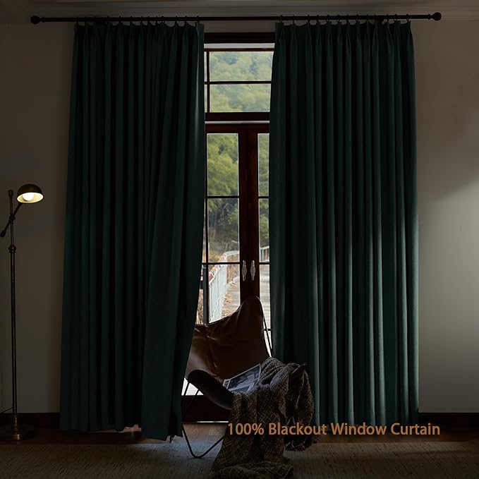 Textured Linen Pinch Pleated 100% Blackout Curtains for Bedroom/Living Room Blackout Curtains 102 Inches Long, Energy Saving Window Treatment Curtains,84Wx102Lx2,Green