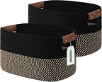 Cotton Rope Basket, Storage Baskets with Handle, 15x10x9 Inch Woven Basket for Shelves, Laundry, Towels, Clothes, Books, (Black Brown 2 Pack)
