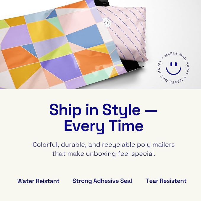 Poly Mailers 10x13 – 100 Pack – Printed Recyclable Shipping Envelopes for Small Business Packaging, Self Sealing Mailing Bags – Pastel Mosaic Multi Color Design