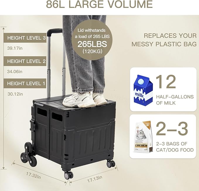 Foldable Utility Cart ，Folding Shopping carts，Collapsible cart with Stair Climbing Wheels, 8 Wheel Shopping cart，Collapsible Rolling Crate with Telescoping Handle (Black, 17.32 * 17.13 * 30.12)