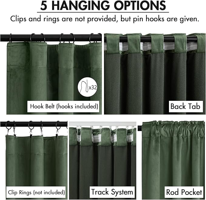 MIULEE Velvet Curtains 96 Inches Long 2 Panels Set for Bedroom, Pinch Pleat Back Tab Thermal Insulated Living Room Darkening Drapes Pleated Blackout Floor to Ceiling Curtains with Hooks, Olive Green