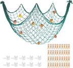 80x40 Inch Decorative Fishing Net w/Shells & Clips, 3mm Thickness Aqua Natural Cotton Large Photo Hanging Fishnet, Wall Party Decorations for Nautical Pirate Hawaii Underwater Mermaid Themed Party