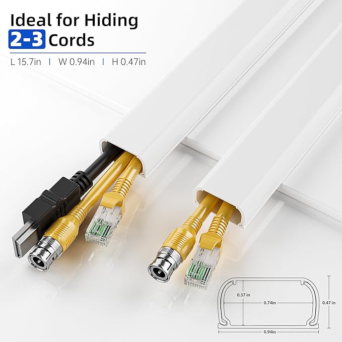 Delamu Cord Hider Cover, 142in TV Cable Concealer Kit for Wall Mounted TV with Management 2-3 Wires, Paintable Cable Cover for Floor, Easy Install, W 0.94 H 0.47in, White