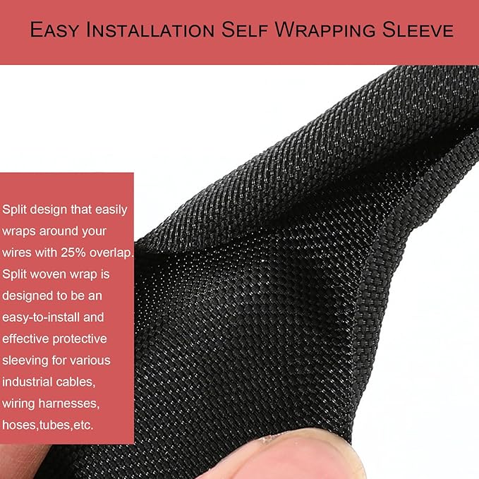 Braided Split Wire Loom Black Wire Cover Protective Harness Tubing Cable Management Self Wrap Cord Sleeve Mesh Woven 1"-24ft