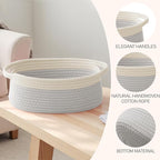Woven Basket,Small Rope Storage Bin with Handles & Ribbon Bag, Organizer for Shelves Closets,Gift Basket Empty for Birthday,Books,Dog Toys, White&Grey/2 Pack