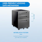 FLEXISPOT Metal File Cabinet for Home Office Mobile File Cabinet with Lock 3 Drawer Filing Cabinets for Legal/Letter/A4 File, Round Corner Design,Black