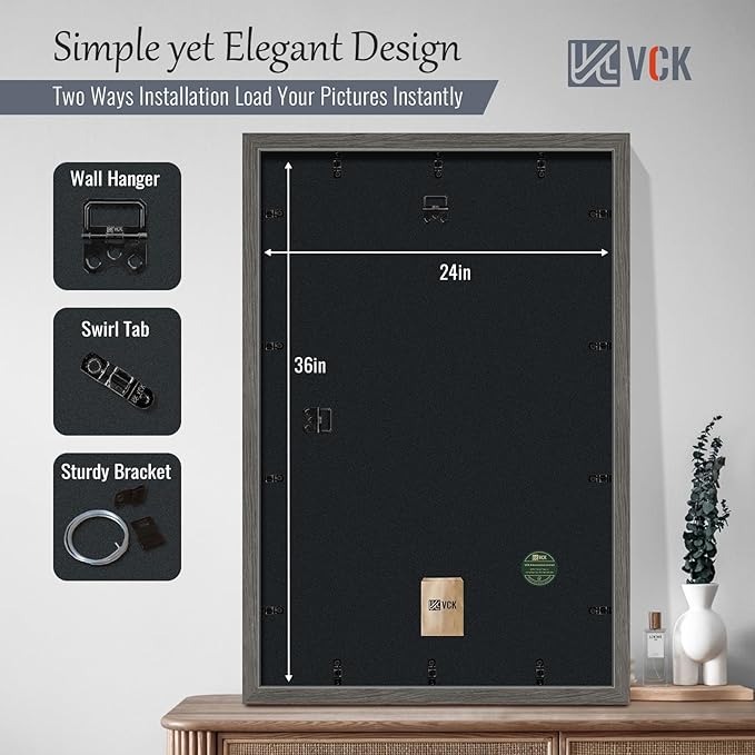 VCK 24x36 Poster Frame 5 Pack - Grey, High-End Wood Picture Frames with Polished Plexiglass, Display 20x30 Photo with Mat or 24x36 without Mat, Art Gallery-Quality, Wall Hanging, Grey