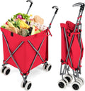 Goplus Folding Shopping Cart with Wheels, Grocery Cart with Removable Oxford Cloth Liner, Lightweight Utility Cart for Groceries Laundry, Red