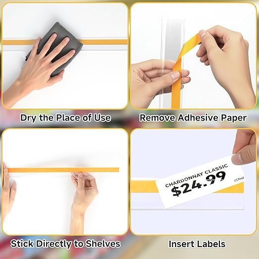 50 Pcs Shelf Label Strips 1.5''H x 48''L Self Adhesive Label Holder with 50 Pcs White Labels, Gondola Price Tag Holder Clear PVC Adhesive Ticket for Metal Wood Plastic Rack (Clear)