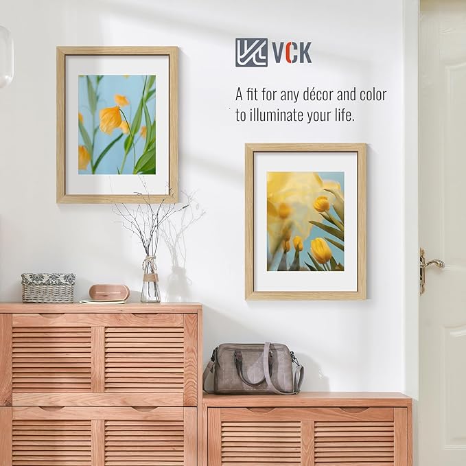 VCK 12x16 Picture Frame 5 Pack - Natural Oak, High-End Wood Poster Frames with Tempered Glass, Display 8.5x11 Photo with Mat or 12x16 without Mat, Art Gallery-Quality, Wall Hanging, Natural Oak