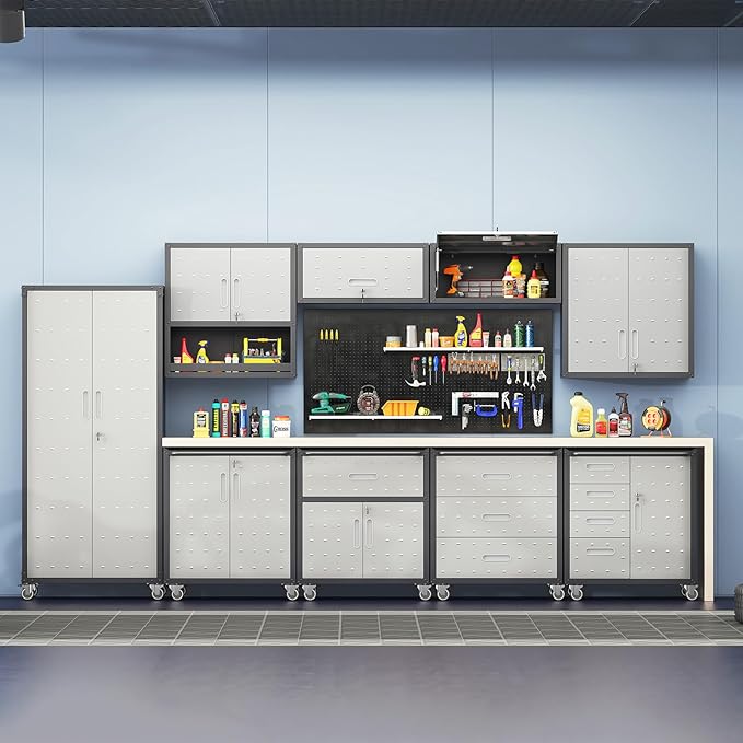 Wall Mounted Cabinet with Locking Doors, Open Shelf, Metal Hanging Garage Storage Cabinet, Adjustable Floating Upper Tool Cabinets for Shop, Kitchen, Bathroom (Grey, 30''W x 12''D x 30''H)
