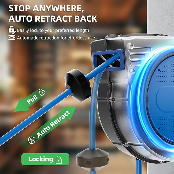80FT Retractable Extension Cord Reel, 14 AWG/3C SJTOW Heavy Duty Power Cord with Lighted Triple Outlet, 13A Circuit Breaker, 180° Swivel Wall/Ceiling Mount Retractable Cord Reel, ETL Listed, Blue