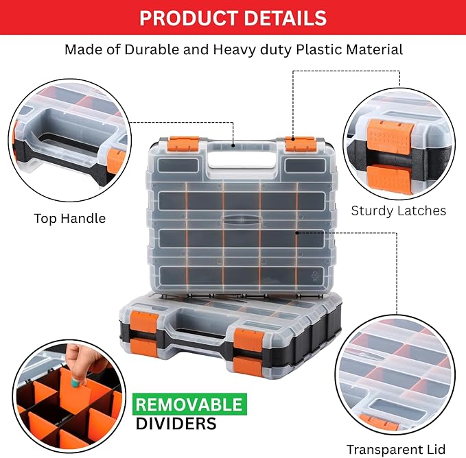 Andalus Tools Organizer Box, Small Parts Storage 34-Compartment Double-Sided Portable Hardware Organizer Removable Plastic Dividers for Screws, Nuts, Bolts, Nails – Orange (1 Pack, 12.5" x 10.5" x 3")