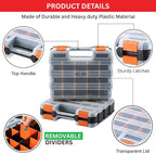 Andalus Tools Organizer Box, Small Parts Storage 34-Compartment Double-Sided Portable Hardware Organizer Removable Plastic Dividers for Screws, Nuts, Bolts, Nails – Orange (2 Pack, 12.5" x 10.5" x 3")