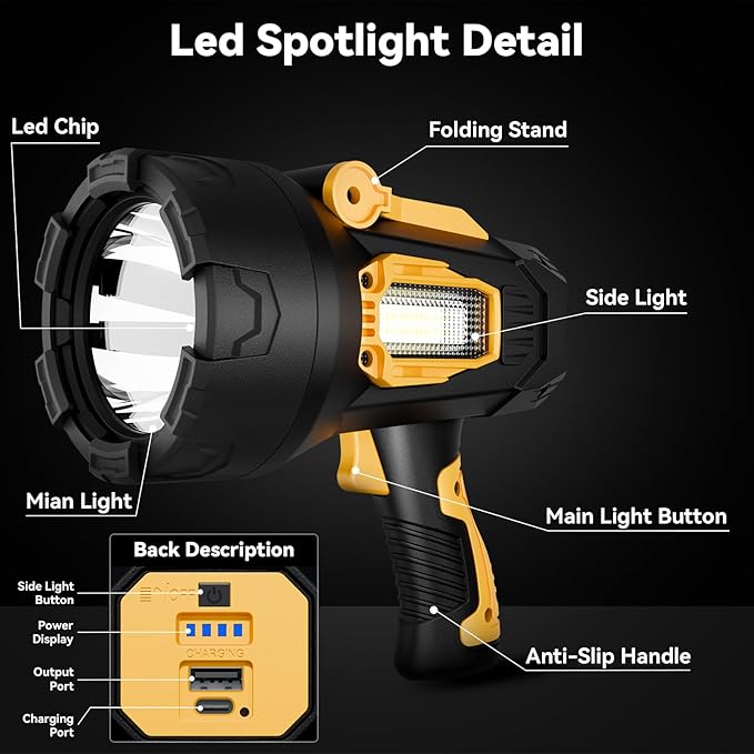 Rechargeable Spotlight Flashlight, 99,000 Lumens Super Bright LED Spotlight with COB Light & Foldable Tripod, 10000ɱAh 30H Long Lasting Large Handheld Spot Light for Huŋting Boating Camping