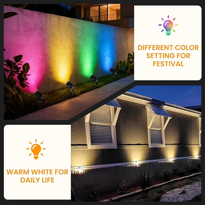 Halloween Christmas Spotlights Outdoor: RGBW Spotlights Plug-in 120V Remote Control 16 Color Changing Waterproof LED Landscape Spot lights for Yard Garden Lawn House Décor, 6 Pack (RGB + Warm Light)