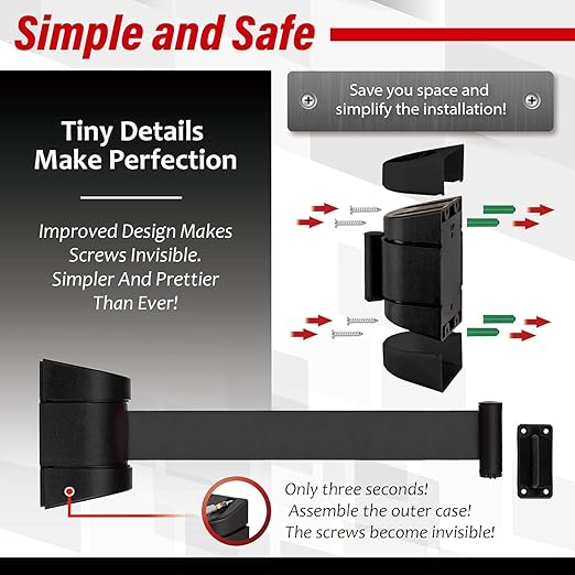 DuraSteel Wall Mount Retractable Belt Barrier - 6.5 Ft Black Safety Belt in Black Casing - Guardian 2.0 Indoor & Outdoor Do Not Cross Caution Tape for Crowd Control Queue Barrier, Line Divider, 10 Pcs