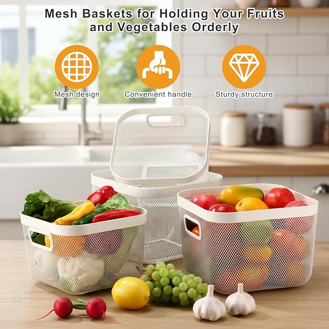 4 Pack Metal Mesh Basket with Hollow Handles White Wire Storage Bin for Organizing Stackable Metal Fine Mesh Basket for Pantry Bathroom Kitchen Cabinets Shelves (Medium and Large)